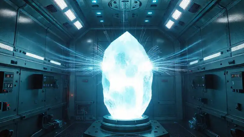 Cristal brillante en cámara científica futurista