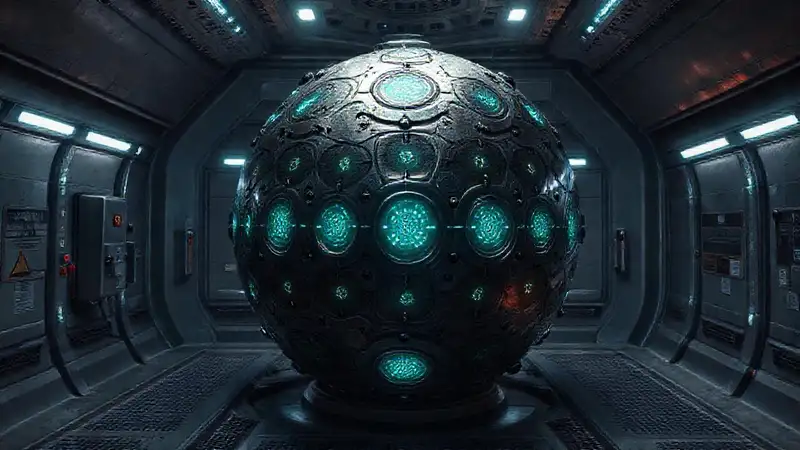 Esfera metálica alienígena con seguridad futurista