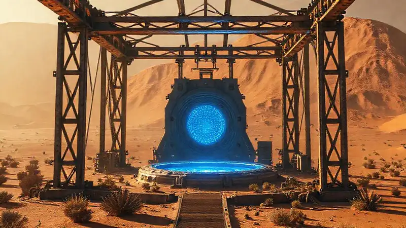 Estructura metálica futurista en desierto misterioso