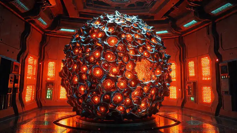 Estructura metálica, patrones fractales y aura luminosa