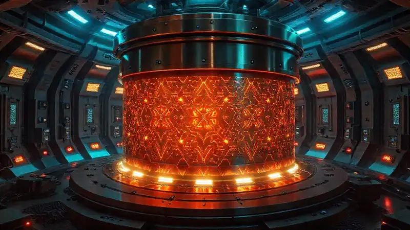 Estructura futurista metálica con patrones geomagnéticos