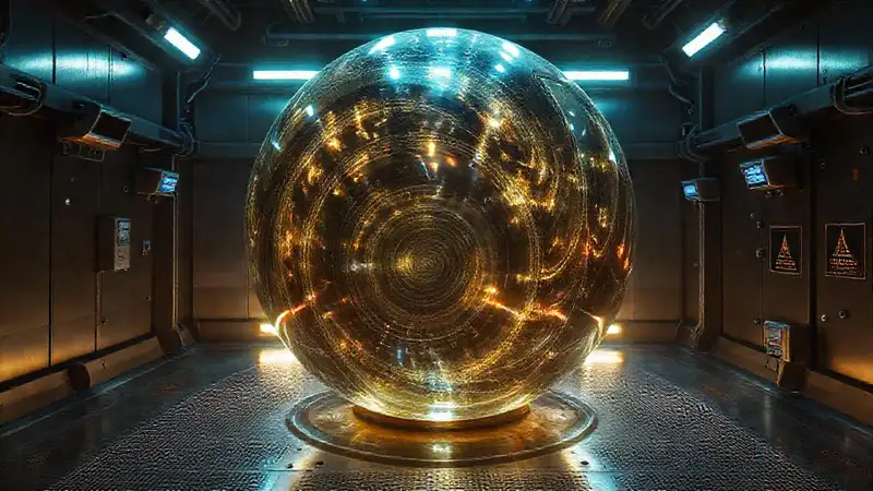 Esfera metálica misteriosa en contención futurista