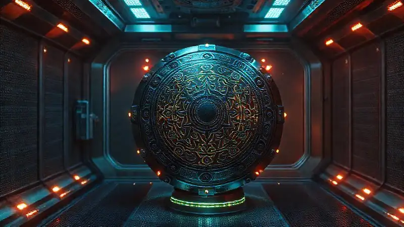 Objeto misterioso y protegido en laboratorio futurista