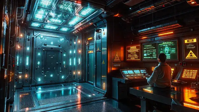 Laboratorio futurista con tecnología avanzada y protección
