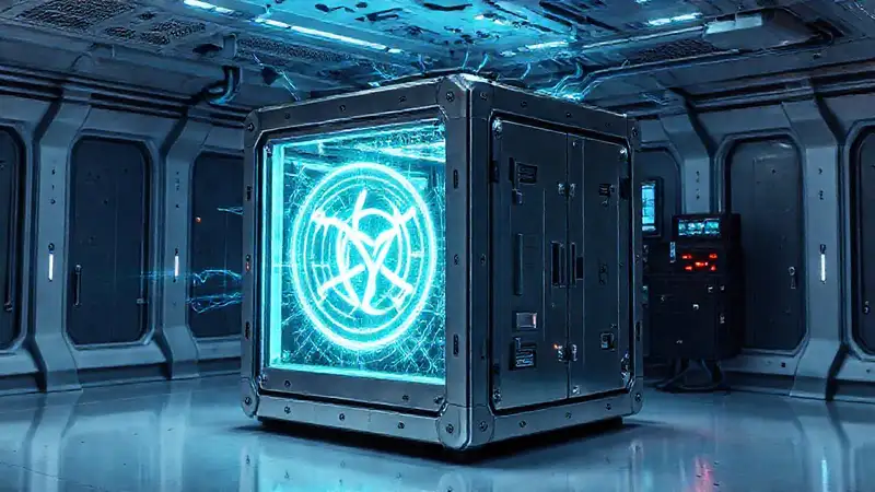 Cubo metálico con símbolos y campos electromagnéticos