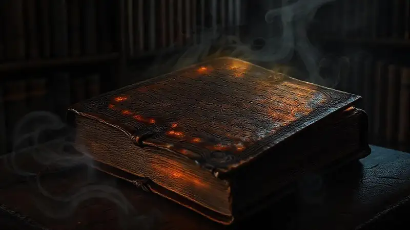Libro antiguo con inscripciones y aura spectral