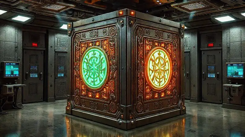 Cubo metálico antiguo con símbolos misteriosos y energía