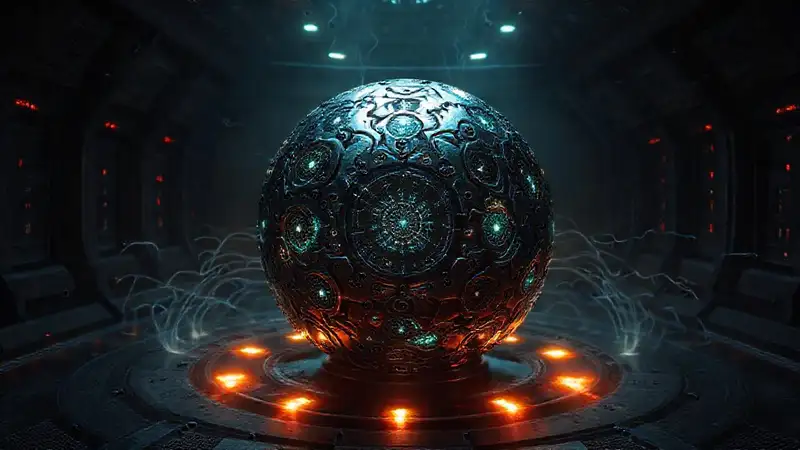 Esfera fractal luminosa en cámara futurista