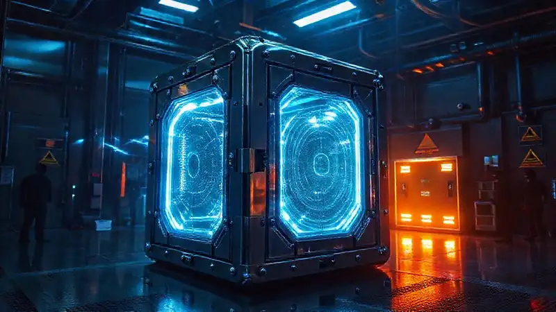 Cubo metálico reflejante en cámara futurista