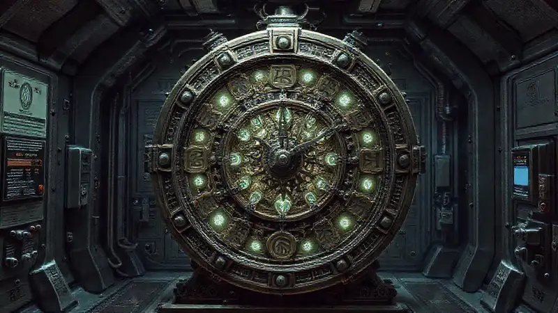 Reloj antiguo con cristales y símbolos energéticos