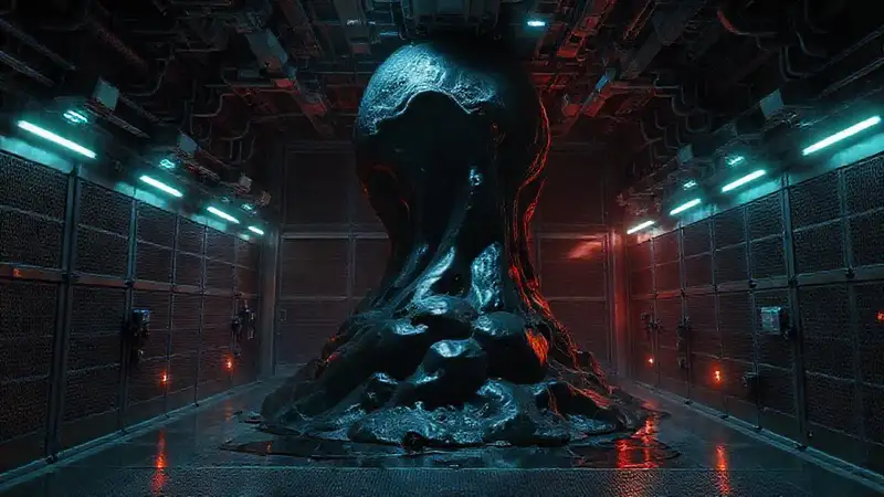 Reactor oscuro en contenedor futurista y seguro