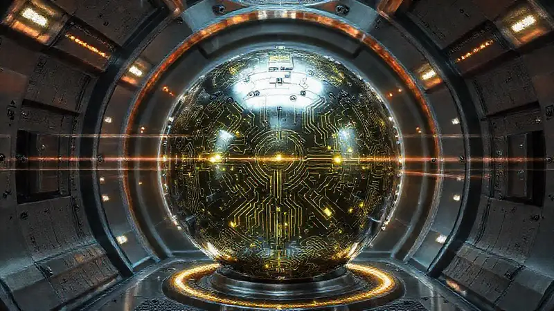 Esfera metálica con circuitos en contención segura