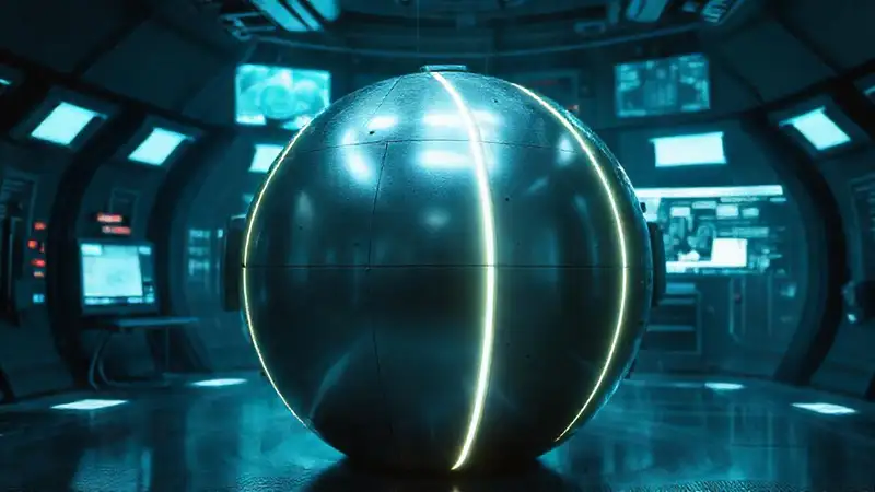 Esfera metálica luminosa en cámara futurista