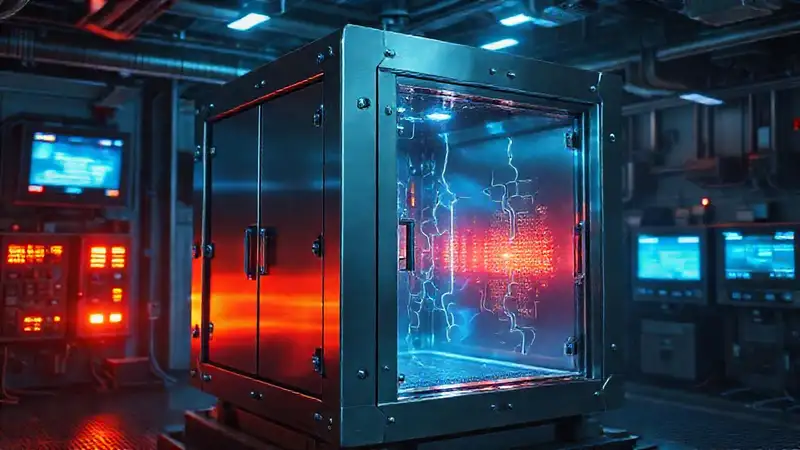 Cubo metálico en cámara de alta tecnología