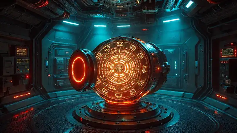 Dispositivo electromagnético futurista en sala segura