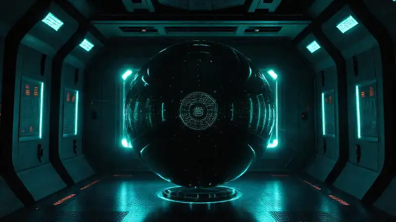 Esfera metálica luminosa en cámara futurista