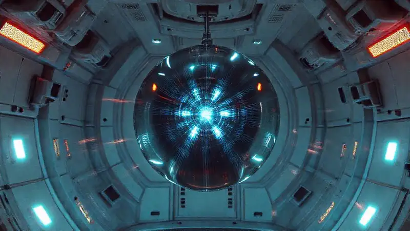 Esfera metálica misteriosa en contenedor futurista