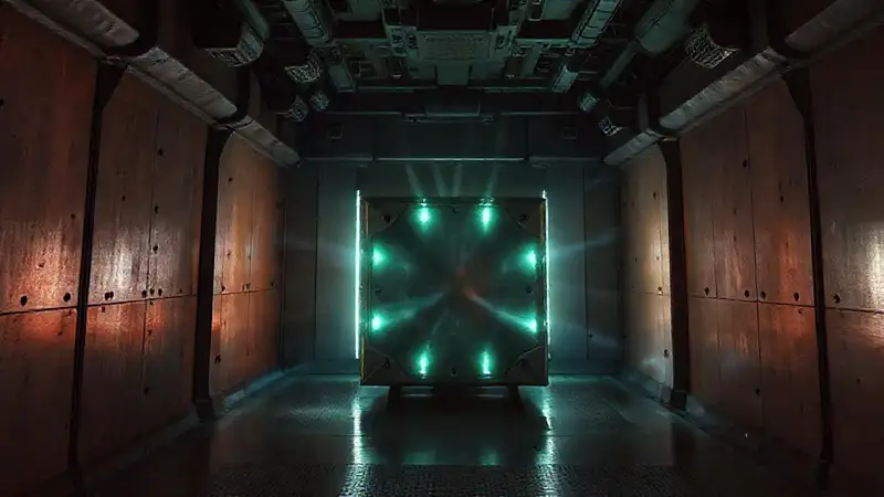 Objeto metálico misterioso en sala de alta tecnología
