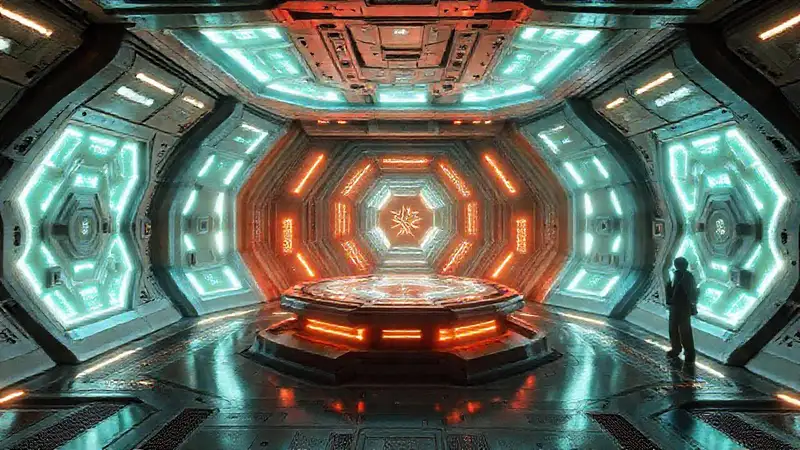 Sala de contención futurista con patrones brillantes y energía