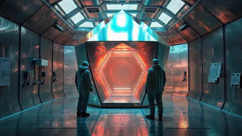 Estructura geométrica misteriosa en ambiente tecnológico