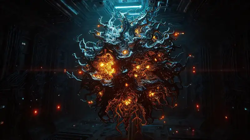 Estructura fractal metálica en laboratorio oscuro