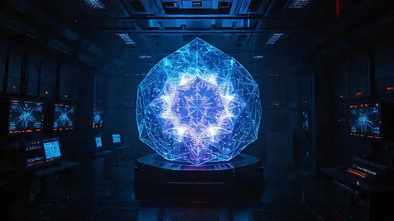 Laboratorio futurista con energía y misterio