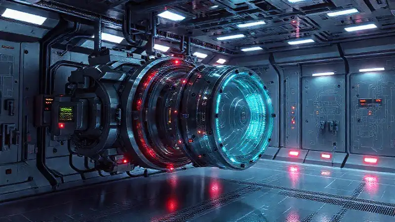 Dispositivo electromagnético futurista en cámara cerrada