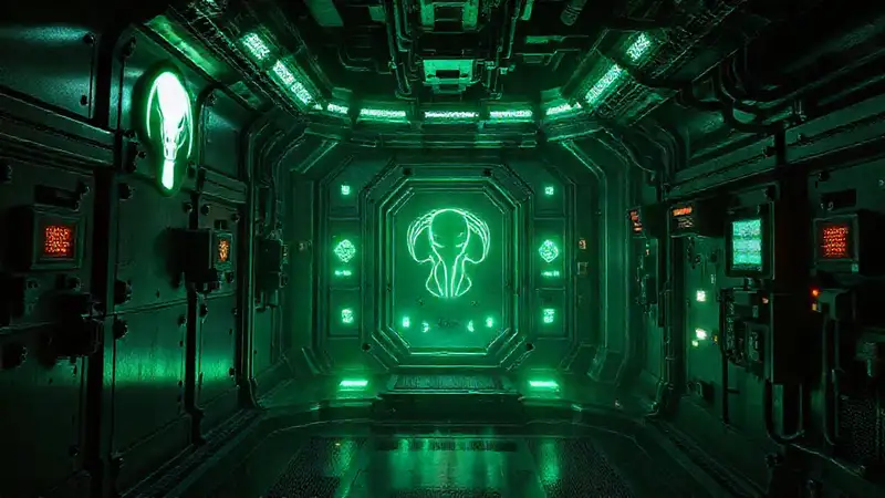 Cámara futurista con símbolos extraterrestres y tecnología