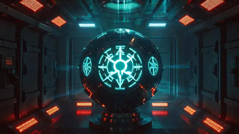 Esfera metálica luminosa en entorno futurista seguro