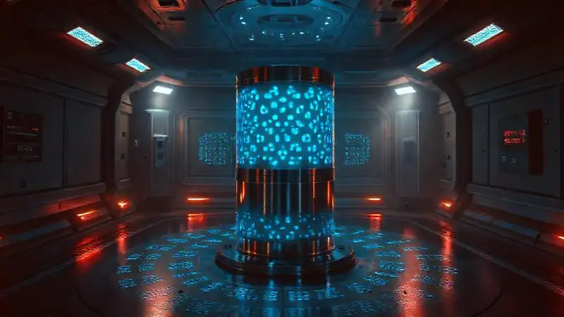 Cilindro metálico en sala futurista y segura