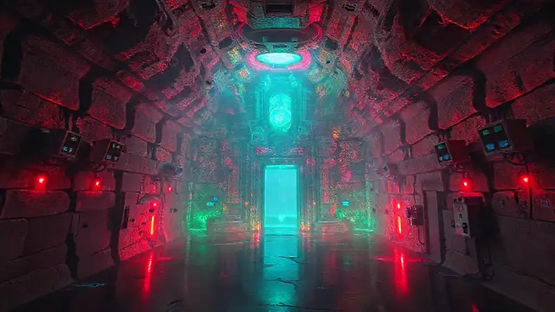 Estructura misteriosa en entorno futurista inquietante