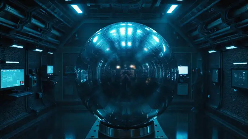 Esfera metálica en sala segura y futurista
