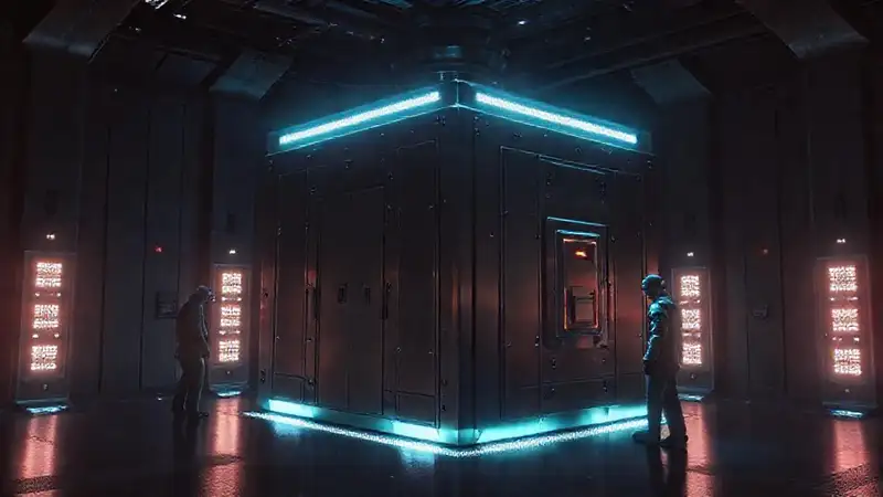Cubo metálico misterioso en recámara futurista segura