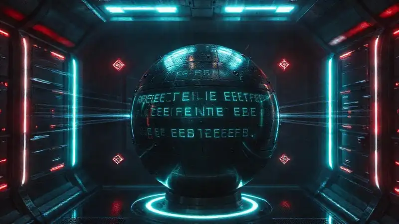 Esfera metálica con inscripciones y efectos futuristas