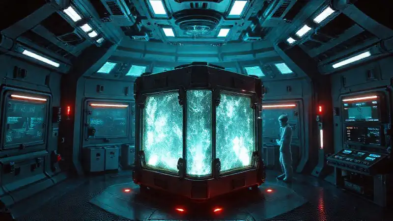 Objeto cúbico misterioso en contención futurista