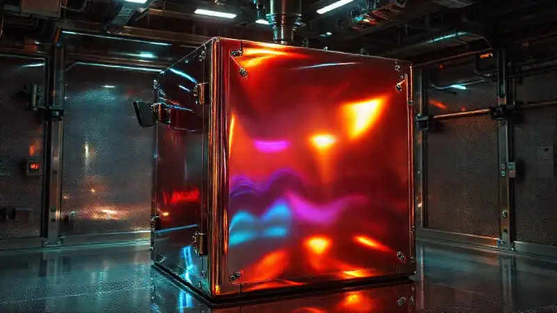 Cubículo metálico brillante con energía fluctuante