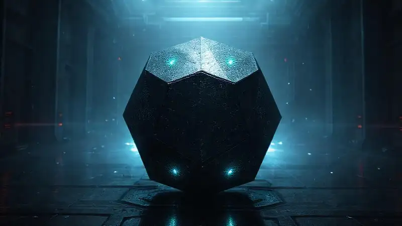 prisma metálico hexagonal con patrón y energía