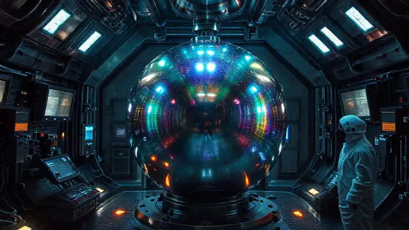 Esfera metálica brillante en cámara futurista
