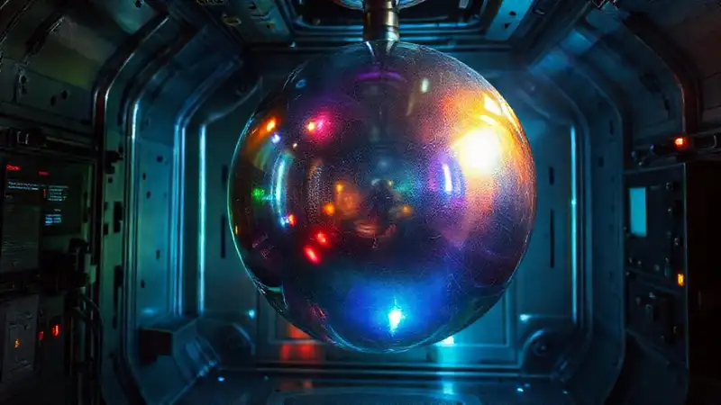 Esfera iridiscente en cámara de contención futurista