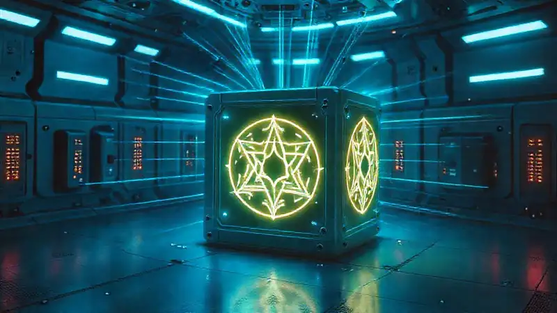 Cubo misterioso con símbolos y seguridad tecnológica