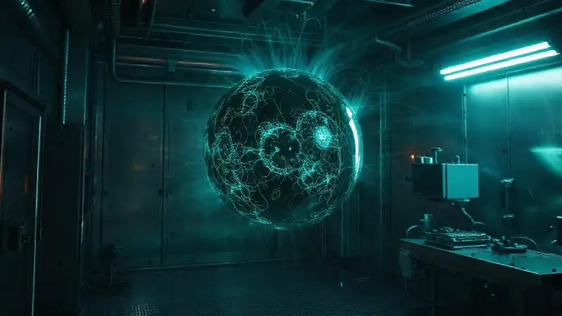 Esfera luminosa con patrones fractales en contención