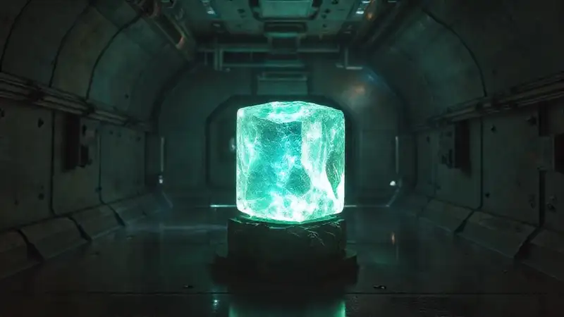 Cristal cúbico misterioso en contenedor seguro