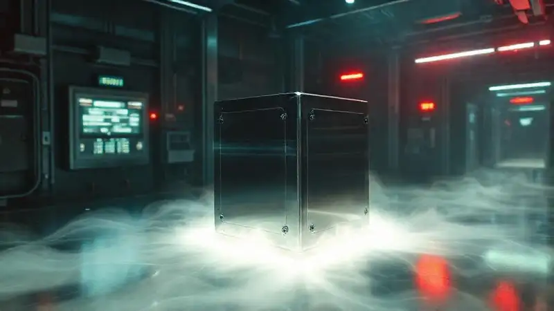 Cubo metálico reflectante con energía y advertencias
