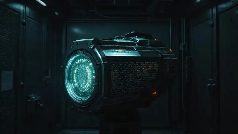 Dispositivo futurista en jaula segura y misteriosa