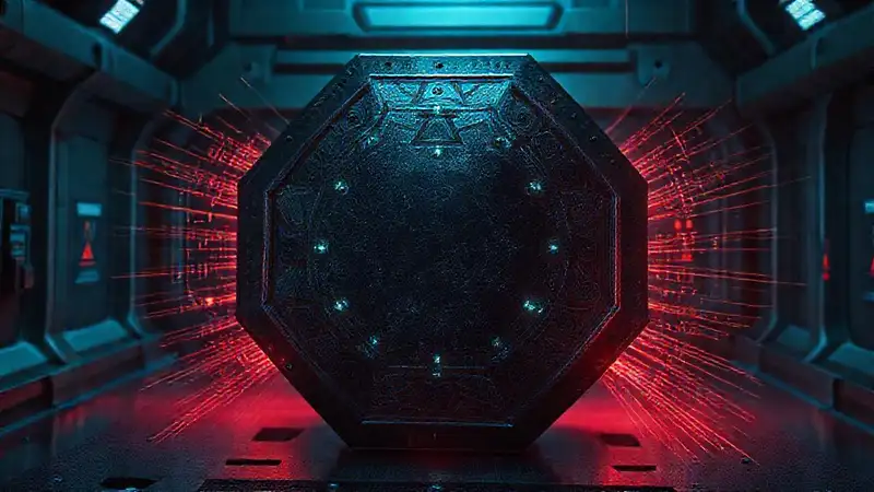 Objeto metálico octagonal con patrones y energía