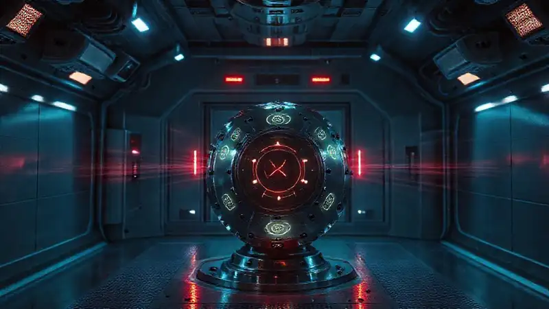 Objeto metálico misterioso en laboratorio futurista seguro