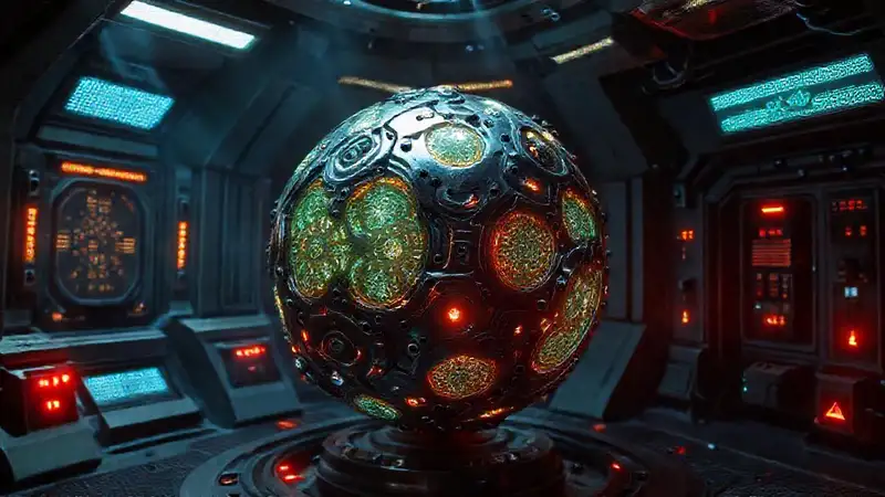 Esfera alienígena metálica en laboratorio futurista