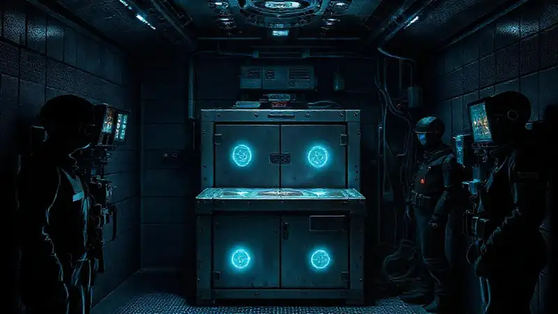 Cápsula misteriosa con tecnología y vigilancia