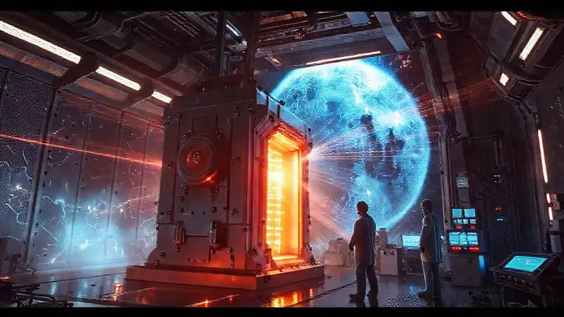 Estructura metálica emite pulsos en laboratorio futurista
