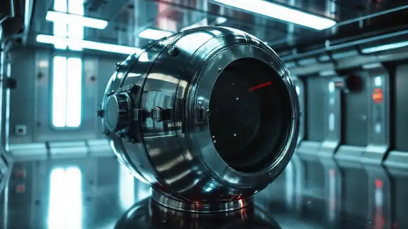 Cilindro metálico brillante en entorno futurista y seguro